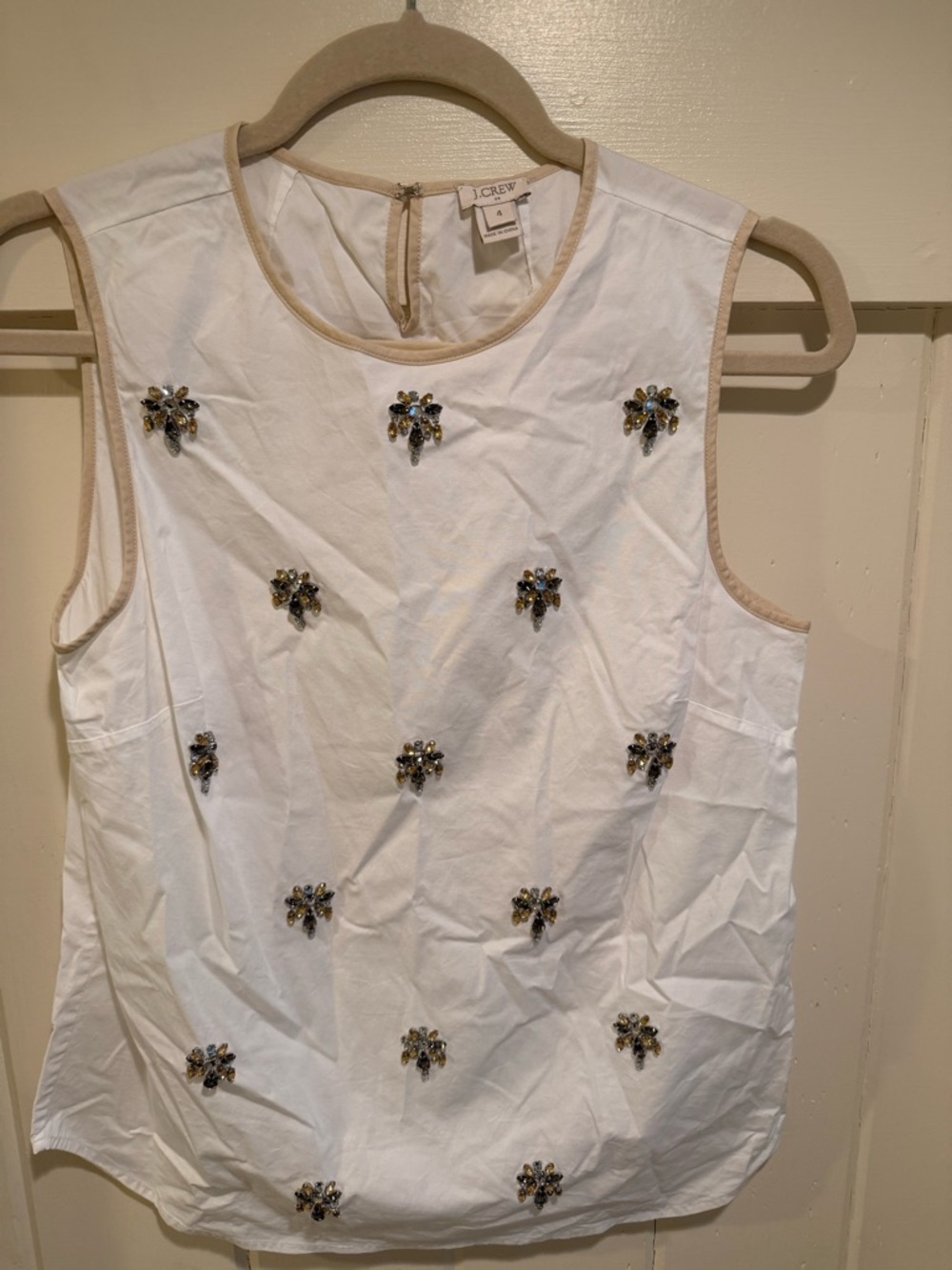 J. Crew White Sleeveless Embellished Cotton Top with Beige Trim